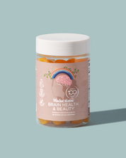 A bottle of Make Time for Brain Health & Beauty Gummies with a pink label, featuring an illustration of a brain and a clock, indicating the product is meant to support brain health and provide a boost for beauty.