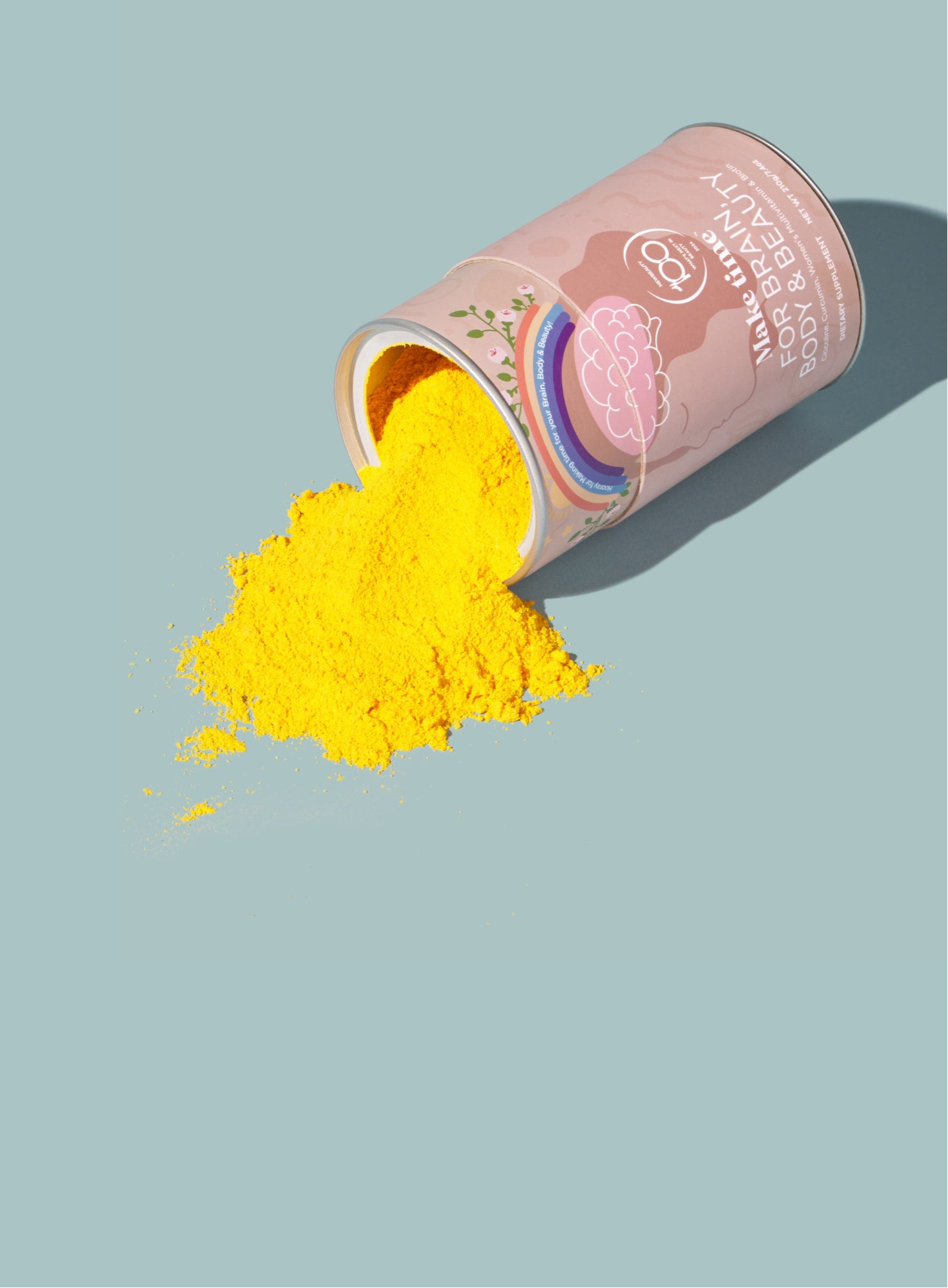 Open container of yellow powder with a visible brand label on a light blue background