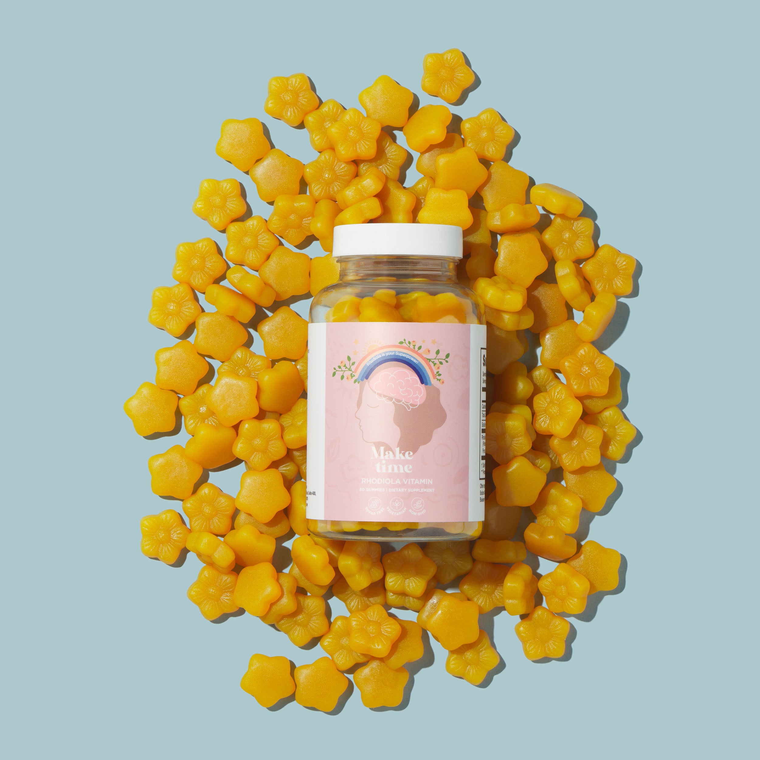 Bottle of Make Time Rhodiola gummies with pink label surrounded by yellow star-shaped objects on a light blue background