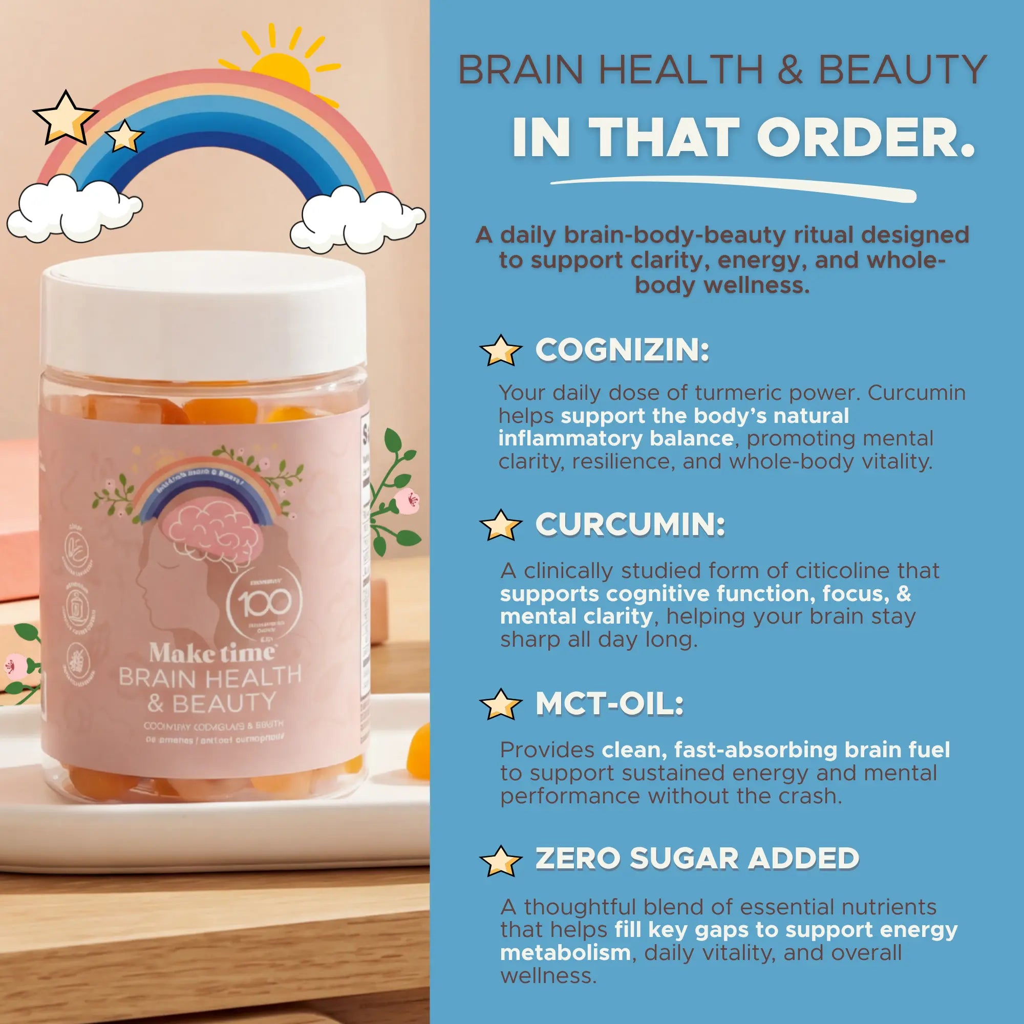 Make Time Brain & Beauty Gummy ingredients explained: Cognizin, curcumin, MCT oil, zero added sugar