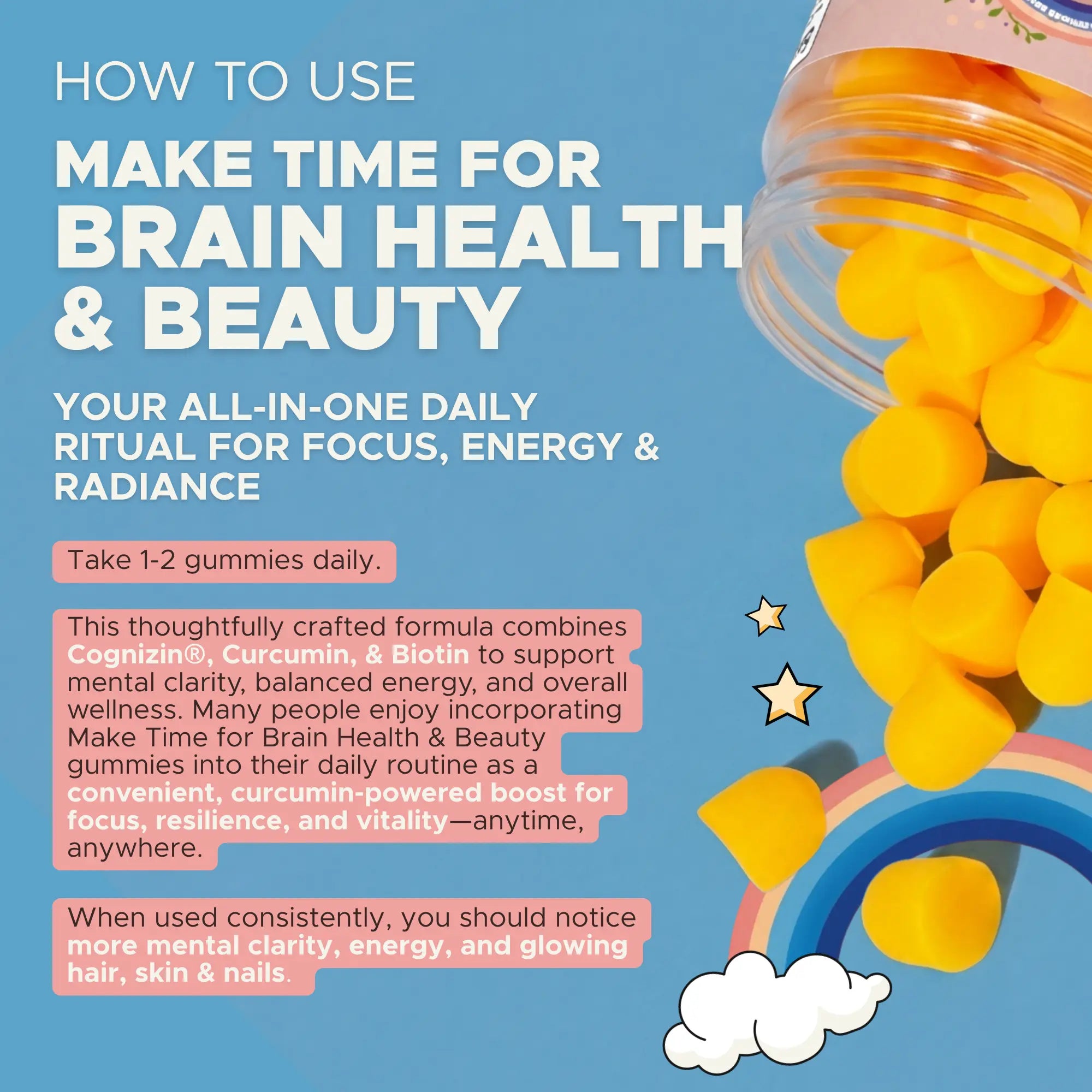 How to use Make Time Brain & Beauty Gummy: take 2 gummies daily