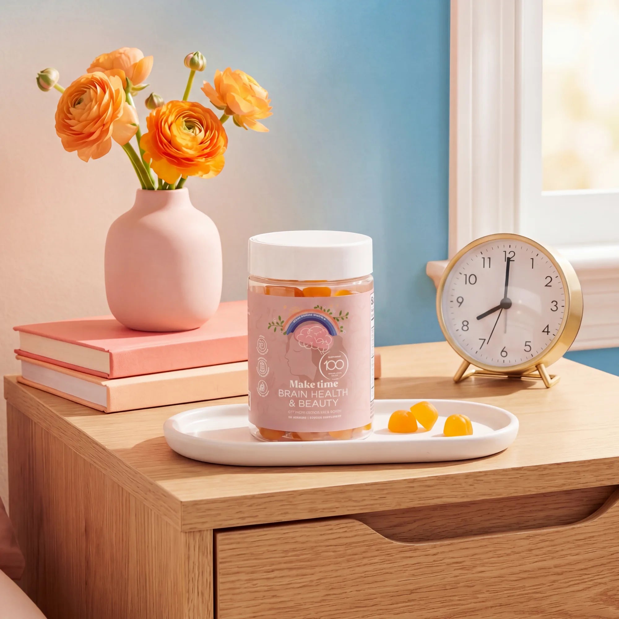 Make Time Brain & Beauty Gummy jar on a nightstand with flowers