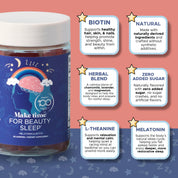 Make Time Beauty Sleep Gummy key ingredients: biotin, herbal blend, L-theanine, melatonin, zero added sugar, natural