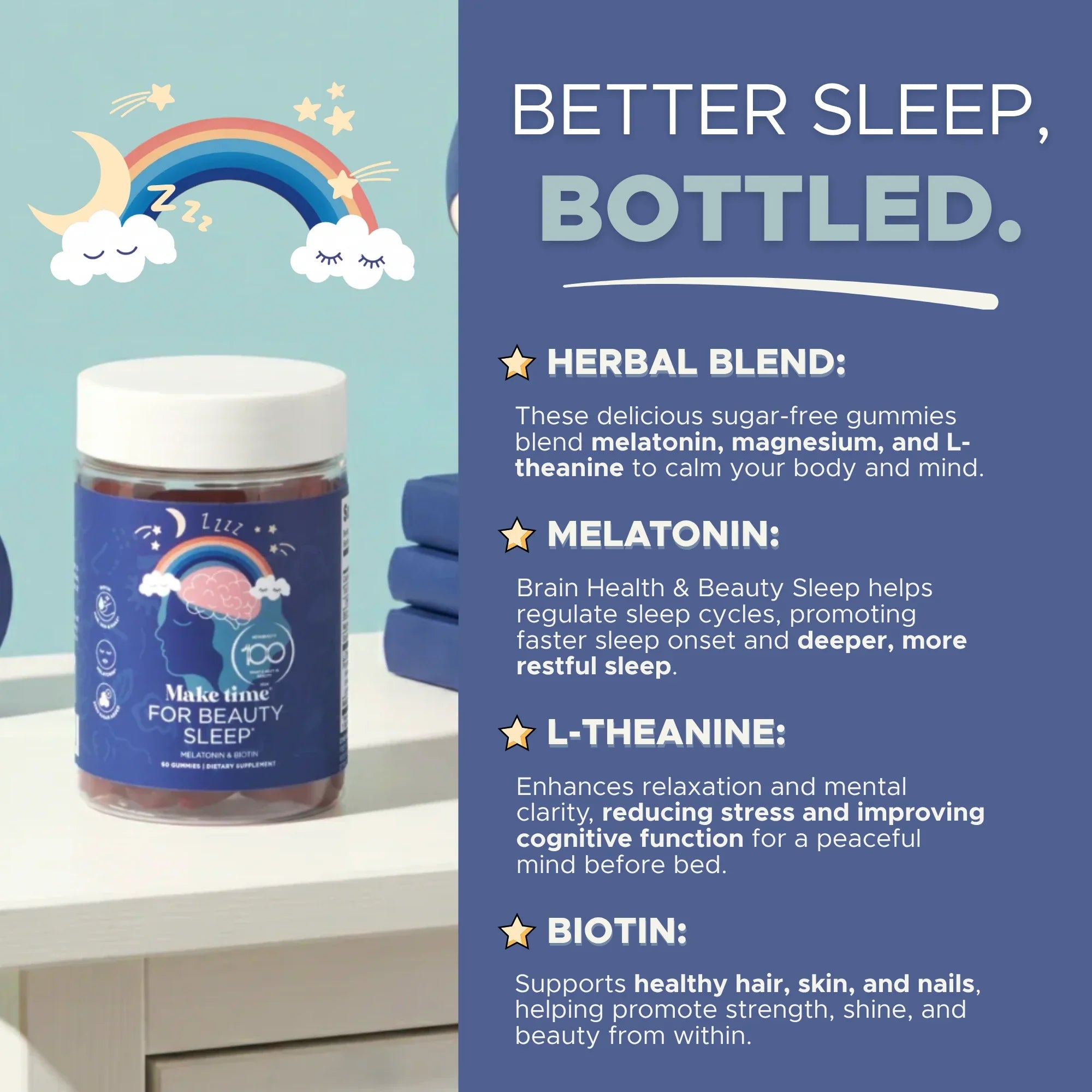 Make Time Beauty Sleep Gummy ingredients explained: herbal blend, melatonin, L-theanine, biotin