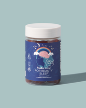 A clear jar containing blue gummies labeled 'Make Time for Beauty Sleep', indicating a sleeping aid supplement.