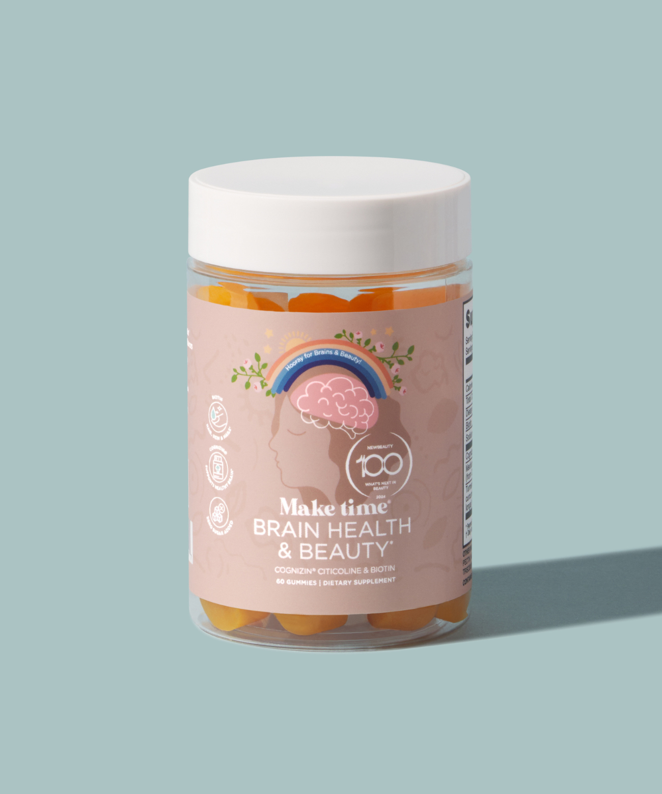A bottle of Make Time for Brain Health & Beauty Gummies with a pink label, featuring an illustration of a brain and a clock, indicating the product is meant to support brain health and provide a boost for beauty.