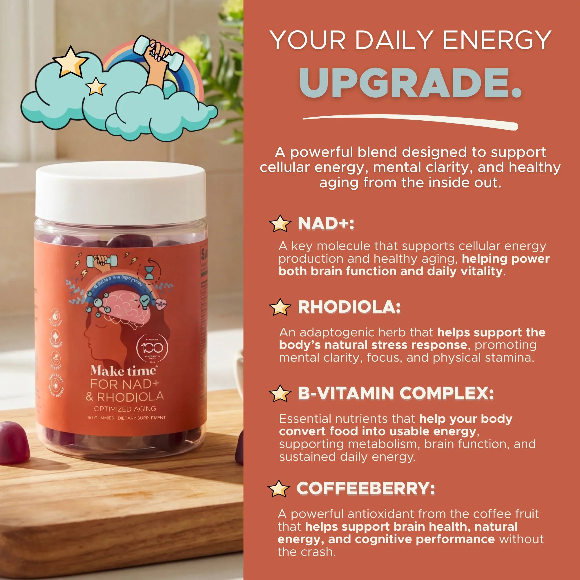 Make Time NAD+ & Rhodiola Gummy ingredients explained: NAD+, rhodiola, B-vitamin complex, Coffeeberry