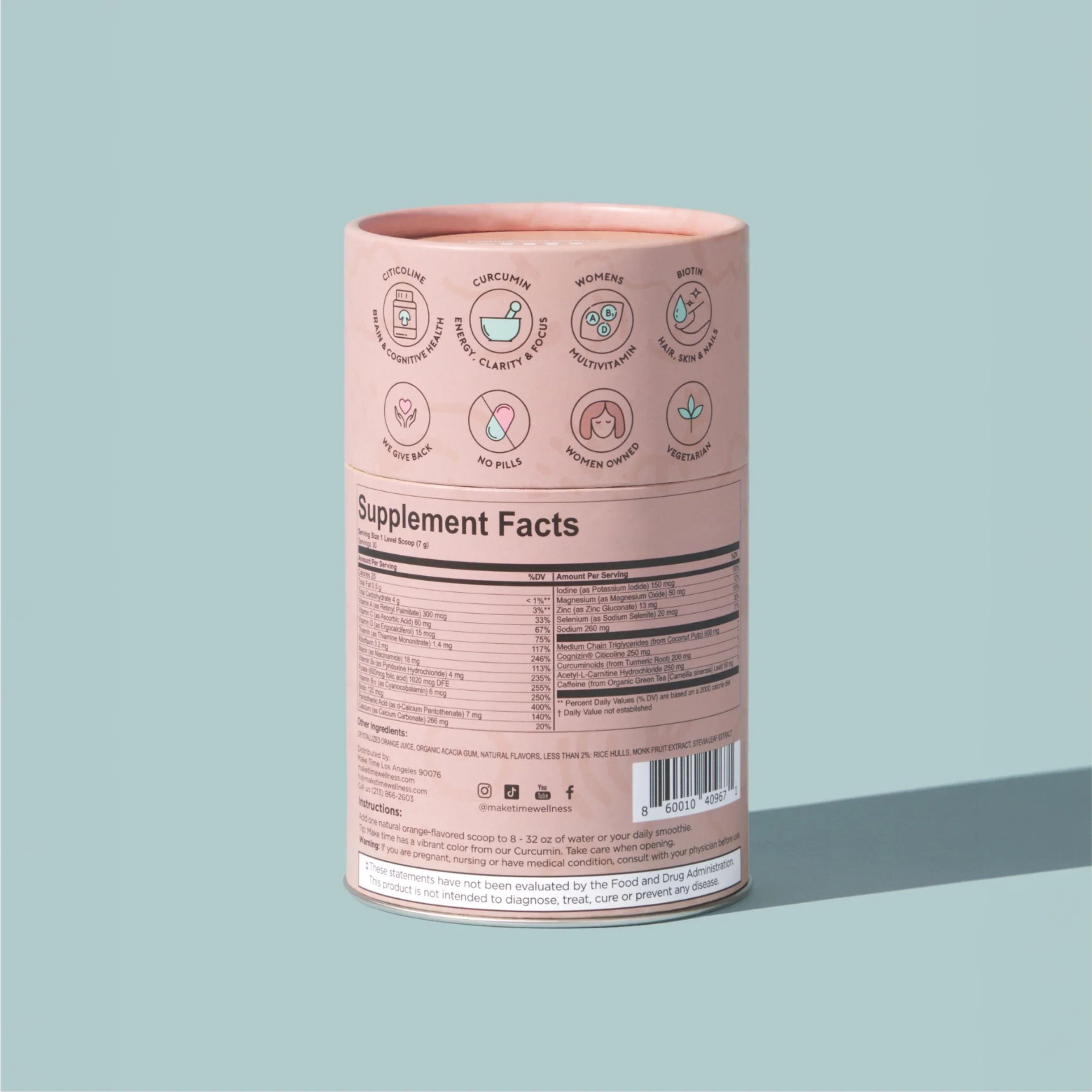 Make Time Brain, Body & Beauty powder supplement facts on the back of the canister