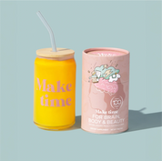 Make Time Brain, Body & Beauty powder canister with a Make Time tumbler