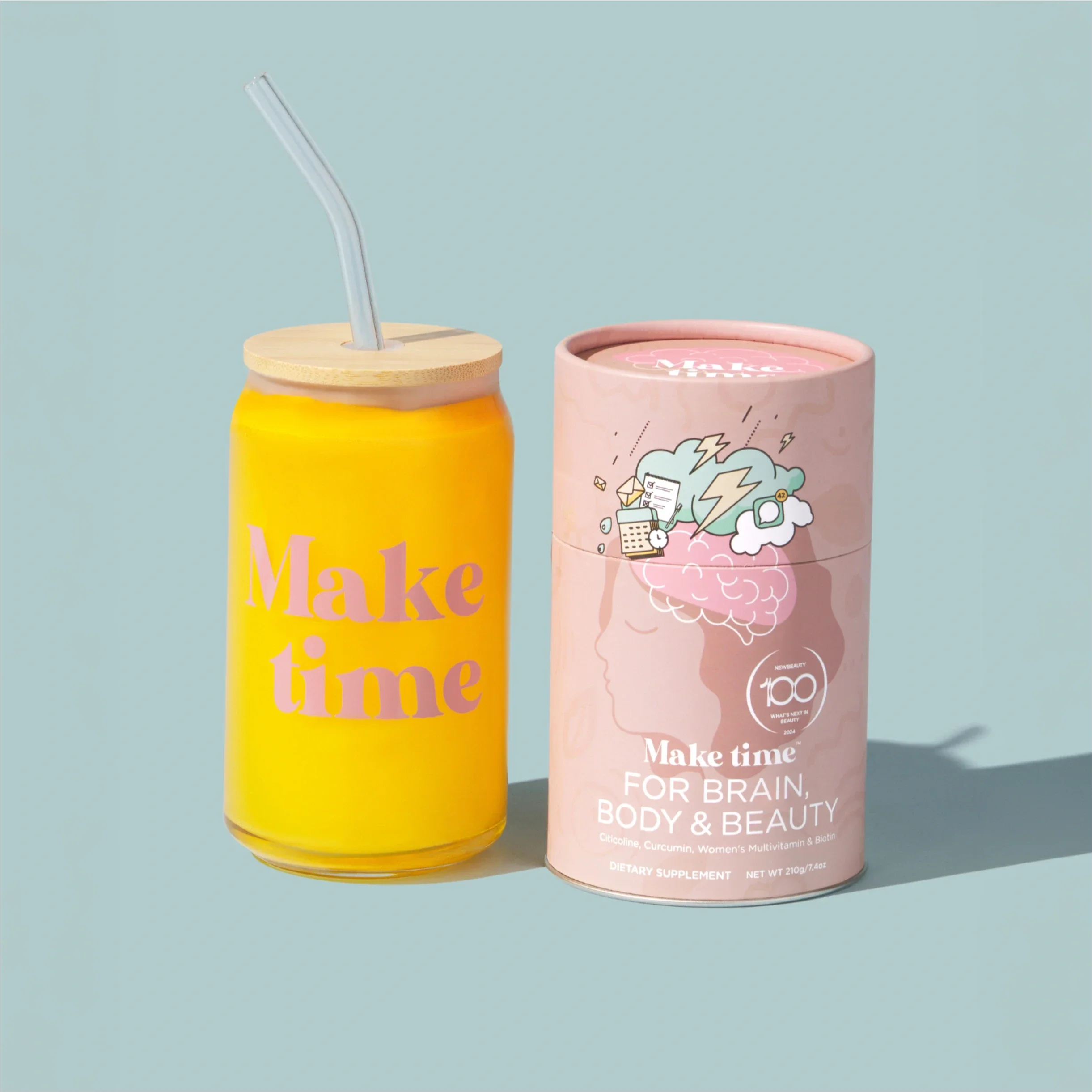 Make Time Brain, Body & Beauty powder canister with a Make Time tumbler
